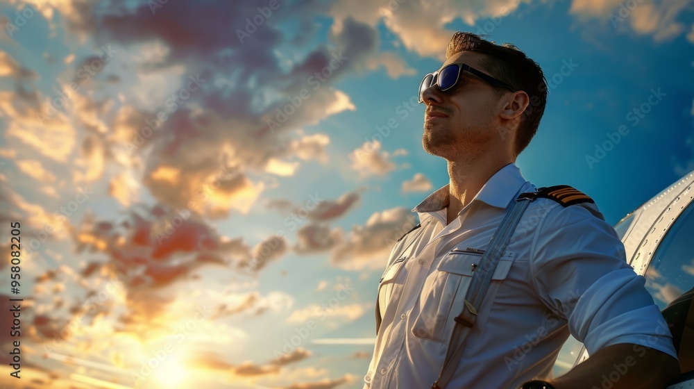 A pilot is wearing sunglasses and standing on a plane A pilot is wearing sunglasses and standing on a plane