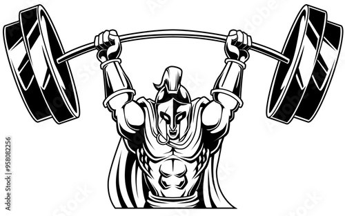 Spartaner Krieger Bodybuilder mit Langhantel über dem Kopf 