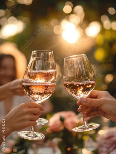 Warm, celebratory moment where hands are raising glasses of rosé wine in a toast. Act of toasting in a garden.	