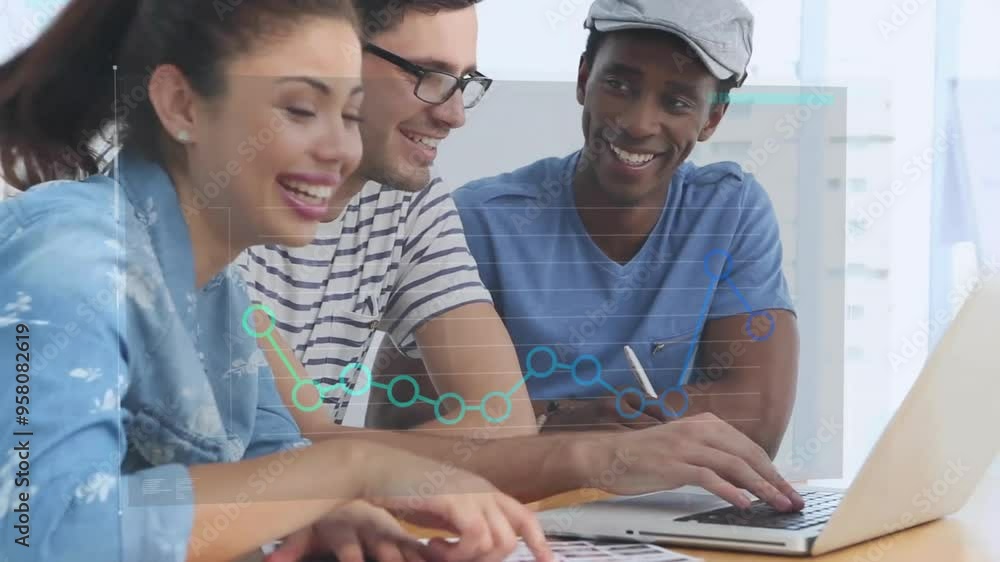 Analyzing data trends animation over diverse group collaborating on laptop Analyzing data trends animation over diverse group collaborating on laptop