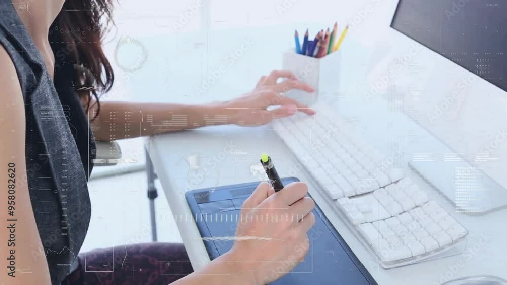 Typing on keyboard and using graphic tablet, person working, data processing animation Typing on keyboard and using graphic tablet, person working, data processing animation