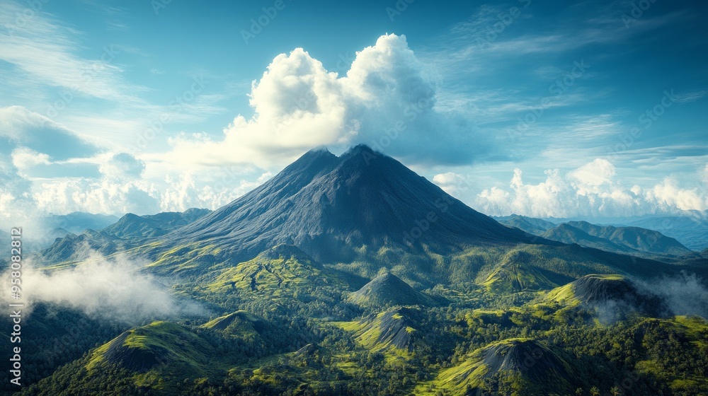 A mountain with a cloud on top and a clear blue sky A mountain with a cloud on top and a clear blue sky