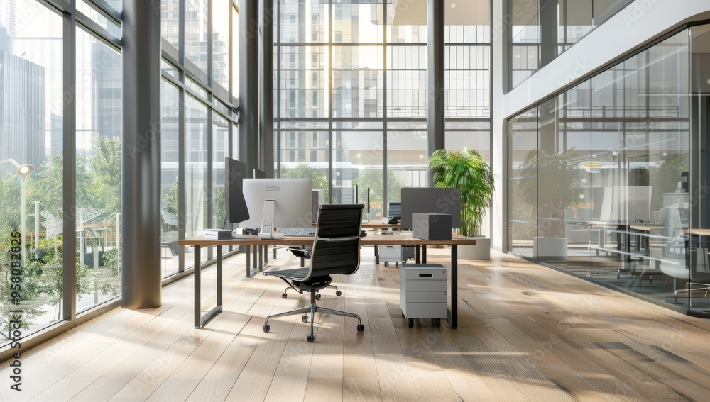 Fototapeta premium Modern conference room with a long wooden table and chairs, Contemporary open-plan office with ergonomic chairs and a bright, airy layout, open layout, wooden flooring