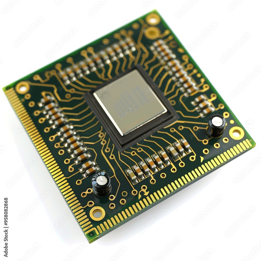 A computer chip is shown in a close up isolated on white background A computer chip is shown in a close up isolated on white background