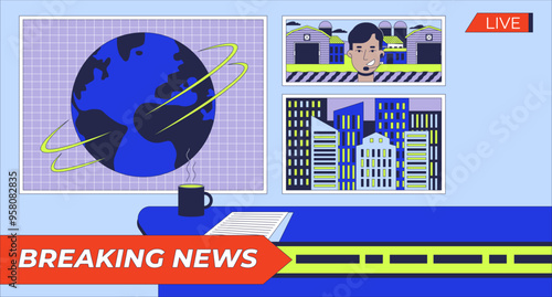 Headlines breaking news studio flat illustration. Newsroom. Live reportage reporter. Television broadcasting program 2D interior cartoon background. Channel TV production scene vector image
