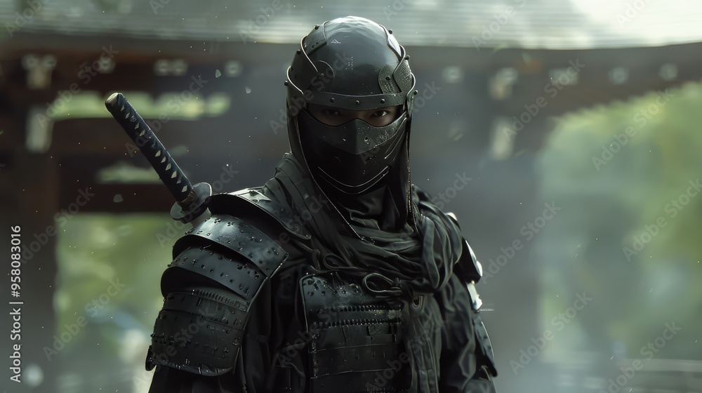 A cold-blooded male assassin, with a ninja sword strapped to his back A cold-blooded male assassin, with a ninja sword strapped to his back