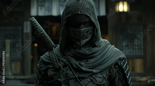 A cold-blooded male assassin, with a ninja sword strapped to his back photo