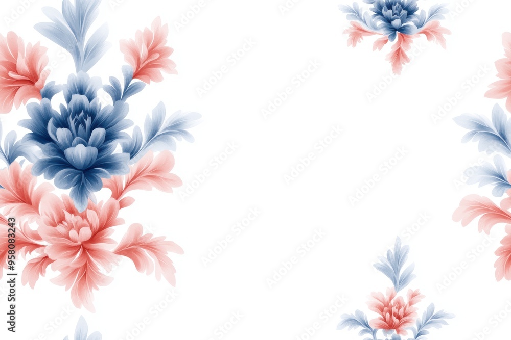 Fototapeta premium A seamless Baroque-inspired damask pattern in blue and red tones, rendered in watercolor style, features a continuous repeat on a white background.