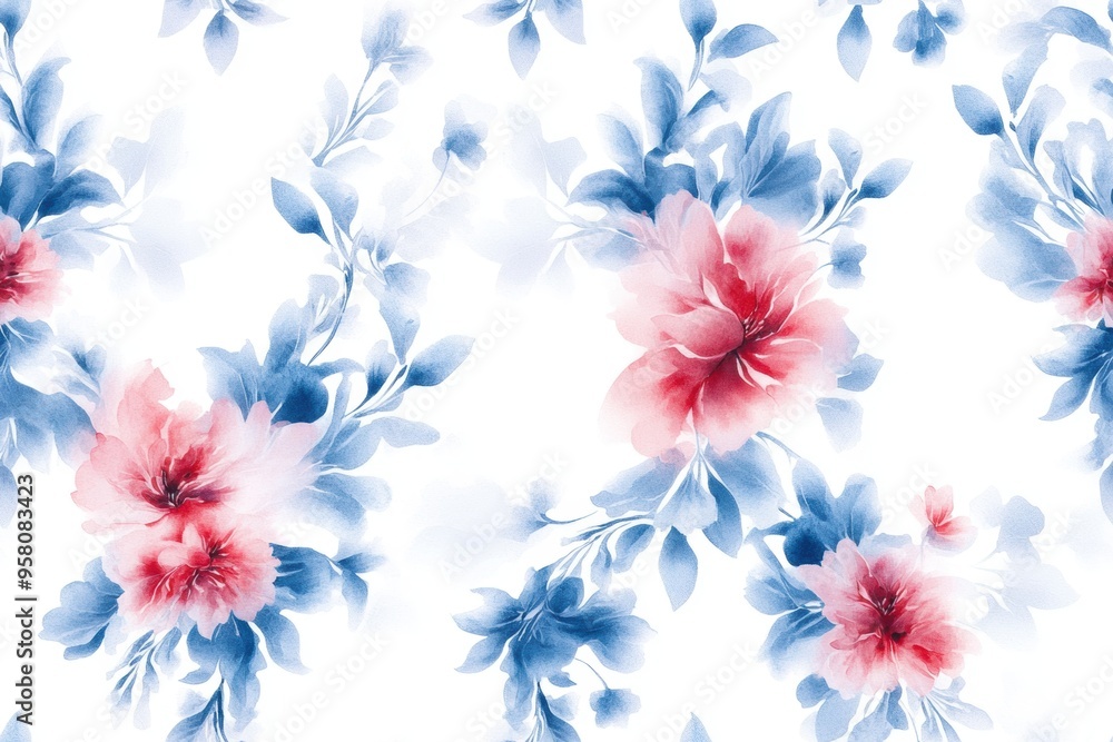 Naklejka premium A seamless Baroque-inspired damask pattern in blue and red tones, rendered in watercolor style, features a continuous repeat on a white background.
