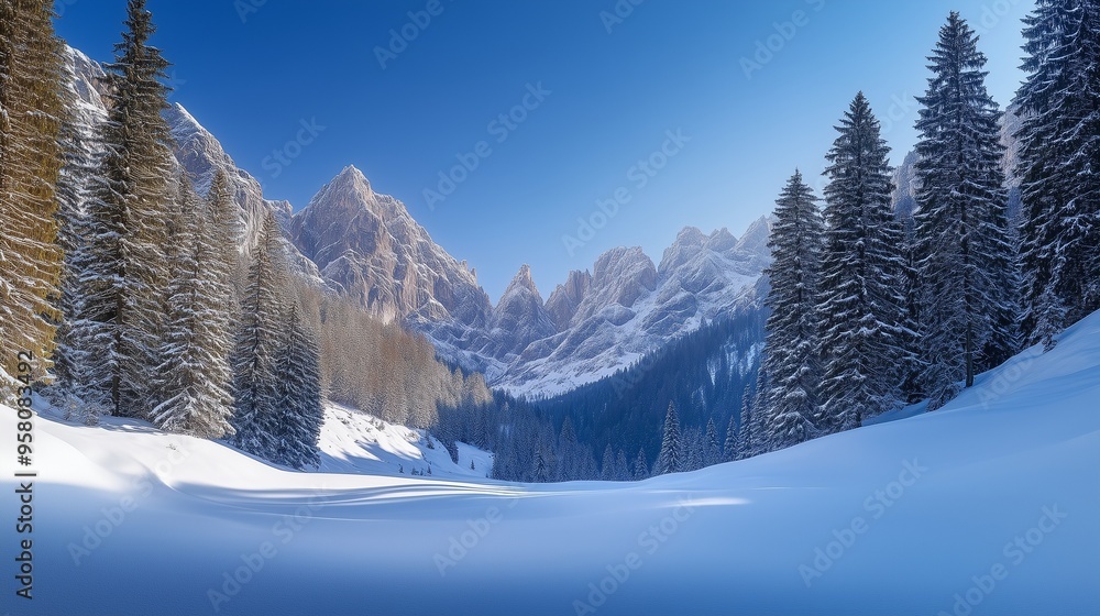 Fototapeta premium Snowy mountain range under a clear blue sky, with pine trees and a frozen lake in the foreground