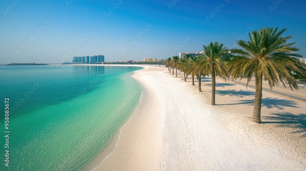 Top view of Abu Dhabi's Corniche Beach with its pristine white sands and crystal-clear waters, lined with palm trees. No people.