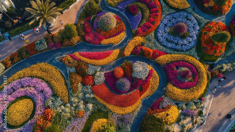 Top view of Dubai's Miracle Garden, showcasing vibrant floral patterns arranged in creative designs. No people. Top view of Dubai's Miracle Garden, showcasing vibrant floral patterns arranged in creative designs. No people.
