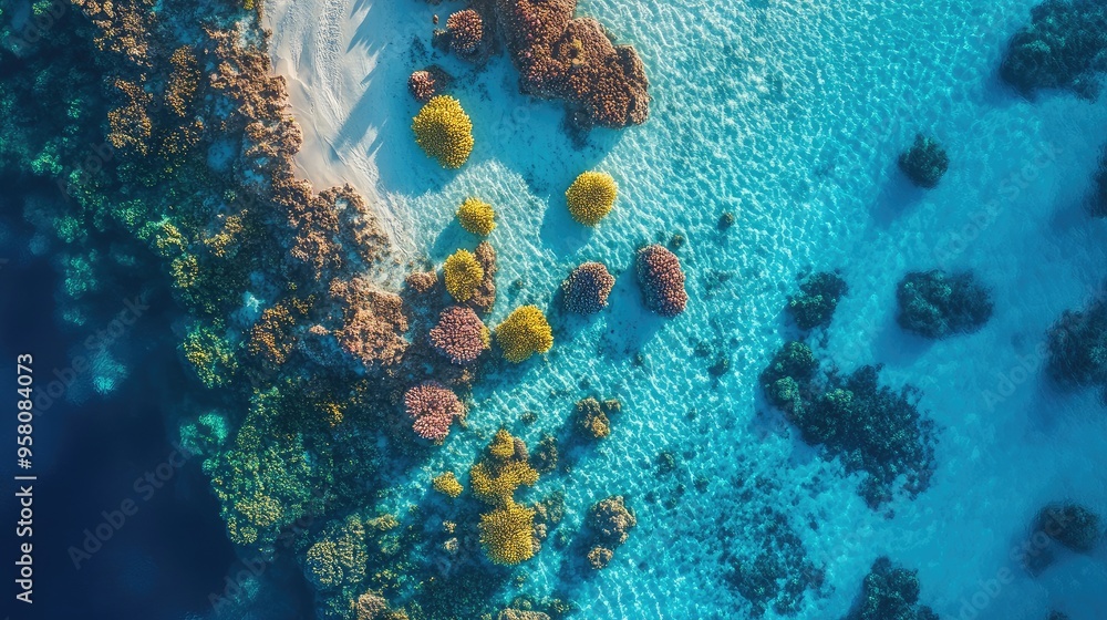 Fototapeta premium Top view of Maldives coral gardens, with a variety of marine life beneath the surface of the bright blue sea.