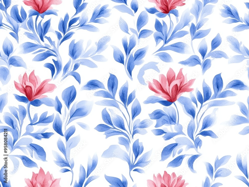 A seamless Baroque-inspired damask pattern in blue and red tones, rendered in watercolor style, features a continuous repeat on a white background. A seamless Baroque-inspired damask pattern in blue and red tones, rendered in watercolor style, features a continuous repeat on a white background.