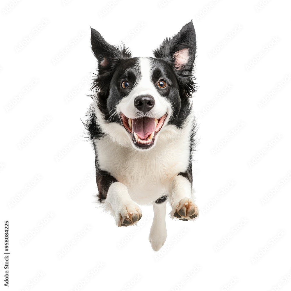 Happy black and white dog jumping in the air, isolated on white background, showcasing energy and joy. Happy black and white dog jumping in the air, isolated on white background, showcasing energy and joy.