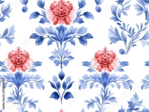 A seamless Baroque-inspired damask pattern in blue and red tones, rendered in watercolor style, features a continuous repeat on a white background.