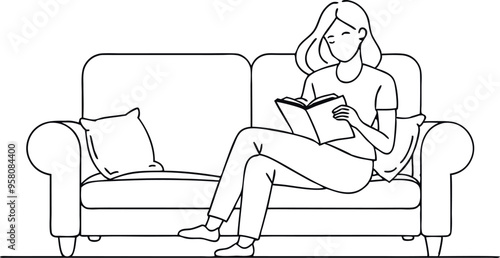 continuous-single-line-drawing-of-girl-reading-book line art vector illustration