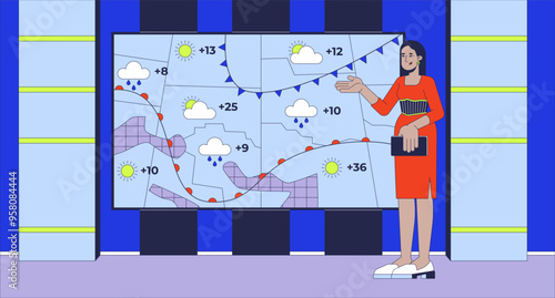 Weather channel on TV flat illustration. Synoptic woman reporting forecasting meteorologist 2D character cartoon background. Television production. Broadcasting program scene vector storytelling image