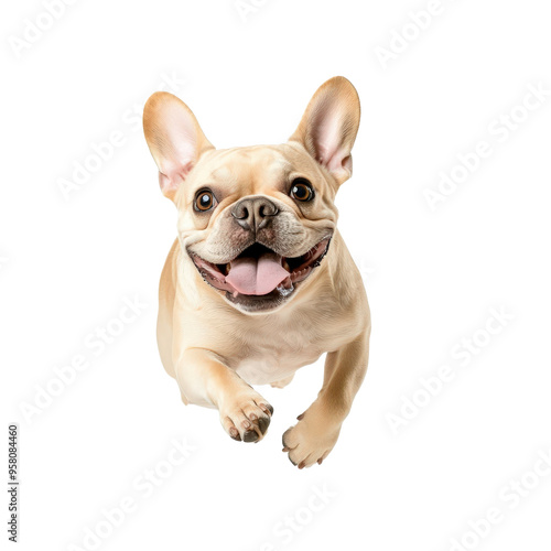 Happy French Bulldog running with tongue out on white background. Playful dog in motion, capturing joy and energy. Perfect for pet lovers.