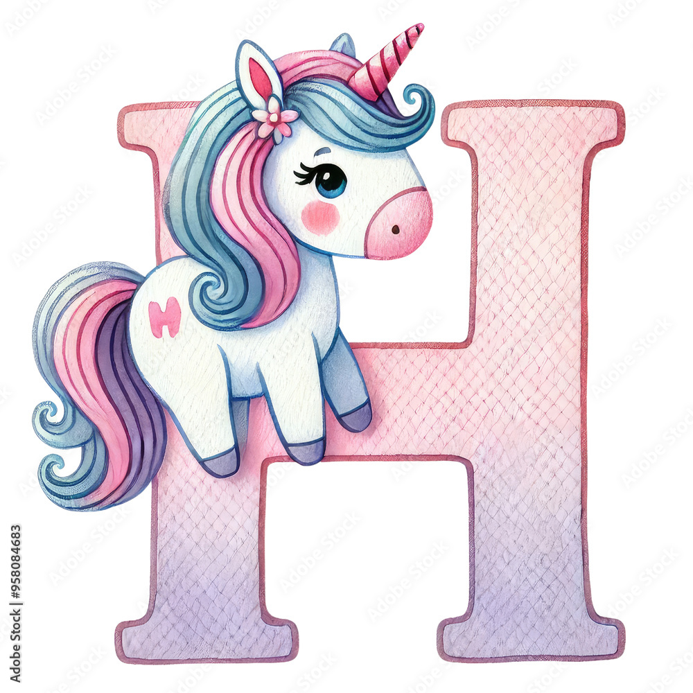 Naklejka premium unicorn alphabet, a-z illustration of unicorn isolated on white background. for baby shower, back to school, birthday card.