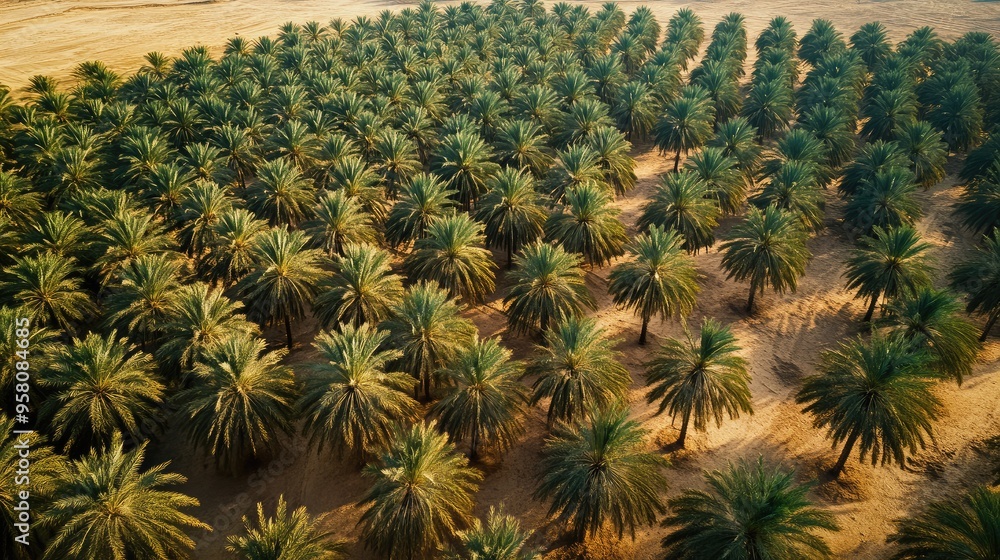 Top view of the Al Ain Oasis, a green patchwork of palm trees amidst the arid landscape of the UAE. No people. Top view of the Al Ain Oasis, a green patchwork of palm trees amidst the arid landscape of the UAE. No people.
