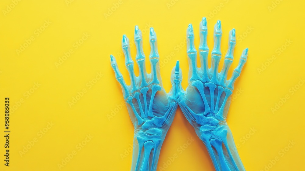 Two blue skeletal hands on a yellow background. Two blue skeletal hands on a yellow background.