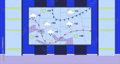 Broadcasting weather forecast map studio flat illustration. Weathercast backdrop. Weather conditions. Television program 2D interior cartoon background. Channel TV production scene vector image