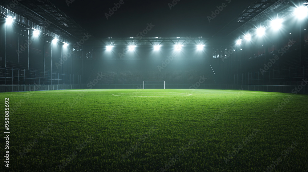 A well-lit soccer field ready for an evening match with bright stadium lights illuminating the freshly cut grass A well-lit soccer field ready for an evening match with bright stadium lights illuminating the freshly cut grass