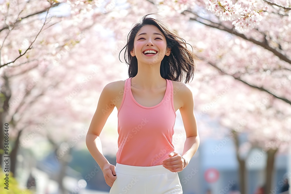 A woman in a pink tank top and white shorts smiles as she walks through a cherry blossom grove A woman in a pink tank top and white shorts smiles as she walks through a cherry blossom grove