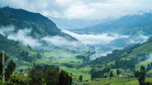 Top view of the rugged highland scenery of Cajamarca, with its verdant valleys and misty mountain ranges