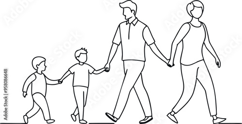 continuous single line drawing of parents with two young boys walking hand in hand, line art vector illustration