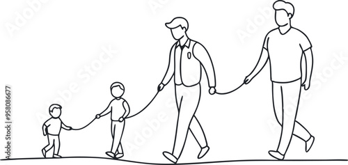 continuous single line drawing of parents with two young boys walking hand in hand, line art vector illustration