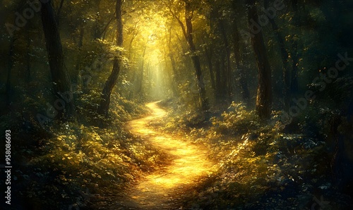 Sunlit Path Through A Dense Forest