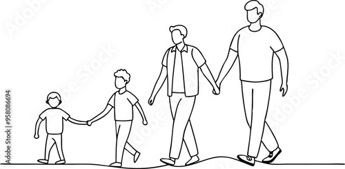 continuous single line drawing of parents with two young boys walking hand in hand, line art vector illustration