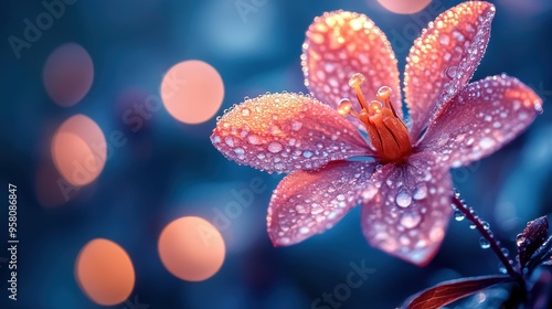 Close-up of a Dew-Covered Pink Flower with Bokeh Background in Soft Evening Light