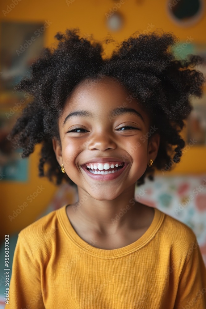 Joyful Young Girl with Curly Hair Smiling Brightly in a Colorful Room Joyful Young Girl with Curly Hair Smiling Brightly in a Colorful Room