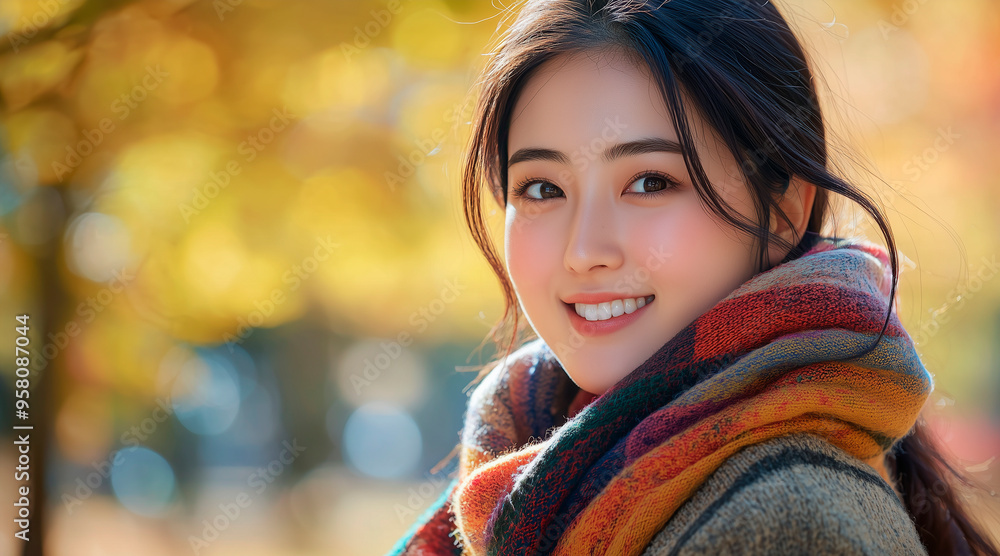 photo of an asian woman with multicolor scarf, medium smile, autumn concept. horizontal composition photo of an asian woman with multicolor scarf, medium smile, autumn concept. horizontal composition