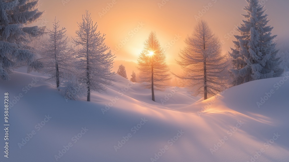 Snowy fir trees stand tall against a fiery sunset, casting long shadows across the frozen landscape Snowy fir trees stand tall against a fiery sunset, casting long shadows across the frozen landscape