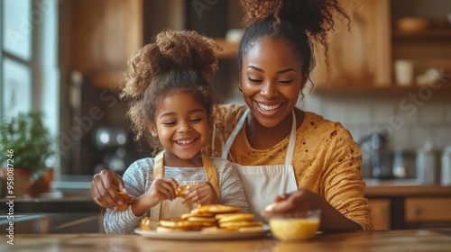 African American mother and daughter enjoying a moment of fun while decorating pancakes with fruit and whipped cream