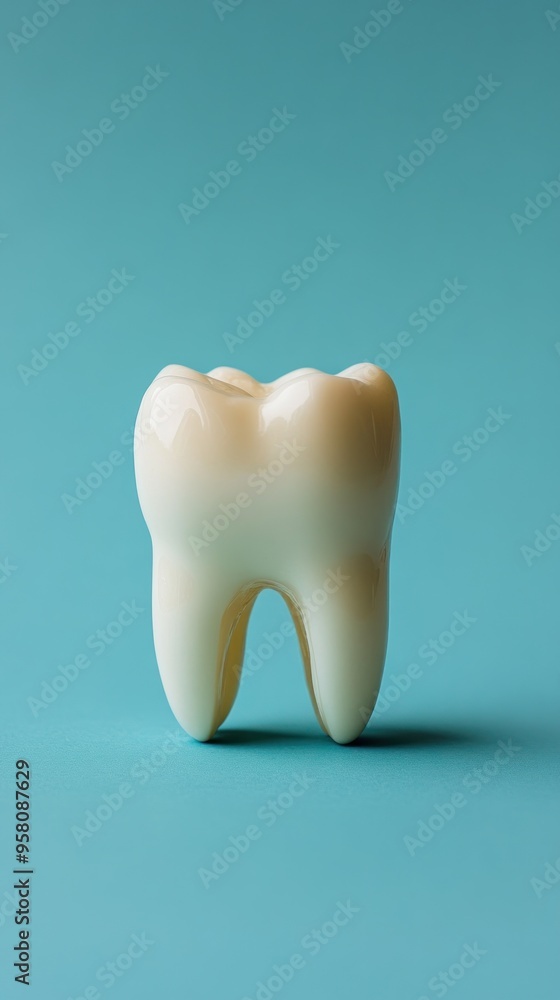 A single, white, 3D rendered tooth stands on a light blue background. A single, white, 3D rendered tooth stands on a light blue background.
