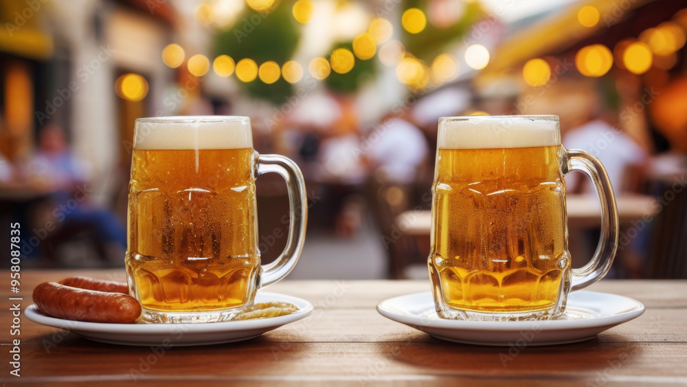 Cold beer with delicious grilled sausages on a table in a street cafe at a German beer festival Cold beer with delicious grilled sausages on a table in a street cafe at a German beer festival