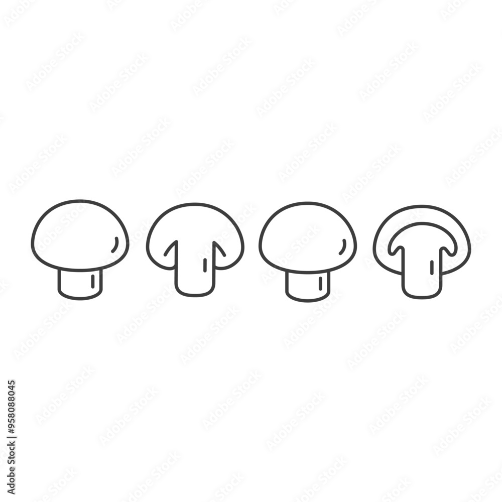 Champignon outline icon in cut, set mushrooms icon line. Isolated on white background. Champignon outline icon in cut, set mushrooms icon line. Isolated on white background.
