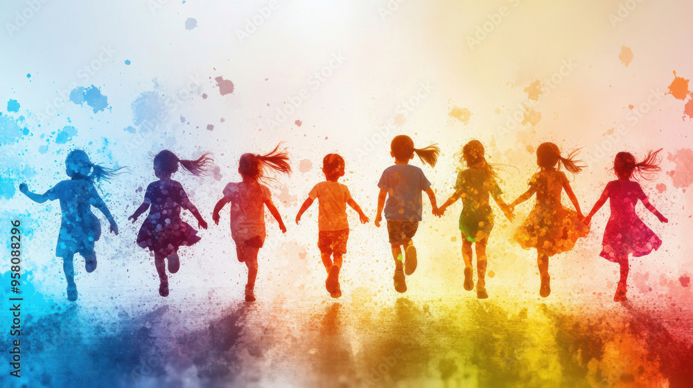 Obraz premium Group of children running together with colorful splashes
