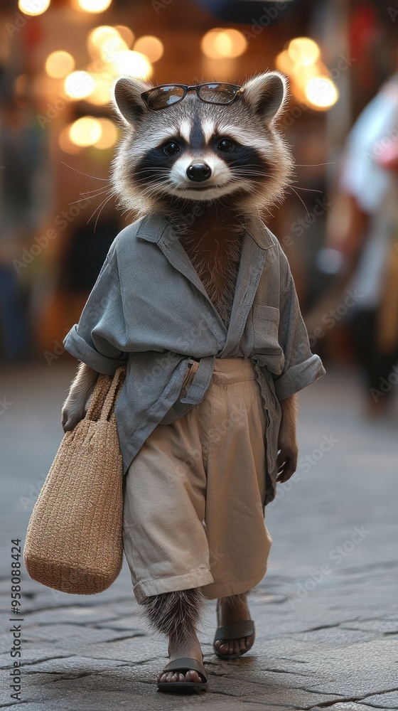 A raccoon wearing a grey shirt, beige pants and sunglasses walks through the city with a wicker bag. A raccoon wearing a grey shirt, beige pants and sunglasses walks through the city with a wicker bag.