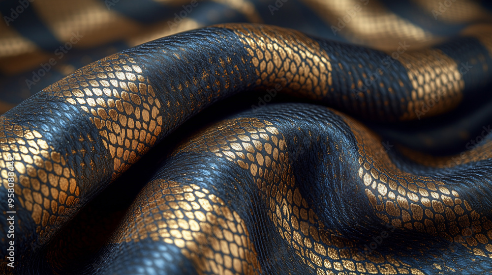 Close-up of snake-skin patterned fabric in gold and blue Close-up of snake-skin patterned fabric in gold and blue