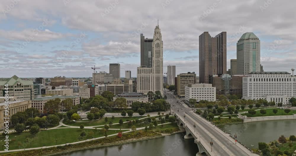 Columbus Ohio Aerial v48 low drone flyover Scioto River along Discovery bridge capturing Battelle riverfront park, city council building, downtown cityscape - Shot with Inspire 3 8k - Sept 22nd 2023 Columbus Ohio Aerial v48 low drone flyover Scioto River along Discovery bridge capturing Battelle riverfront park, city council building, downtown cityscape - Shot with Inspire 3 8k - Sept 22nd 2023