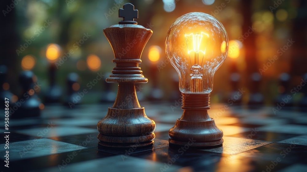 Chessboard with Illuminated Light Bulb and King