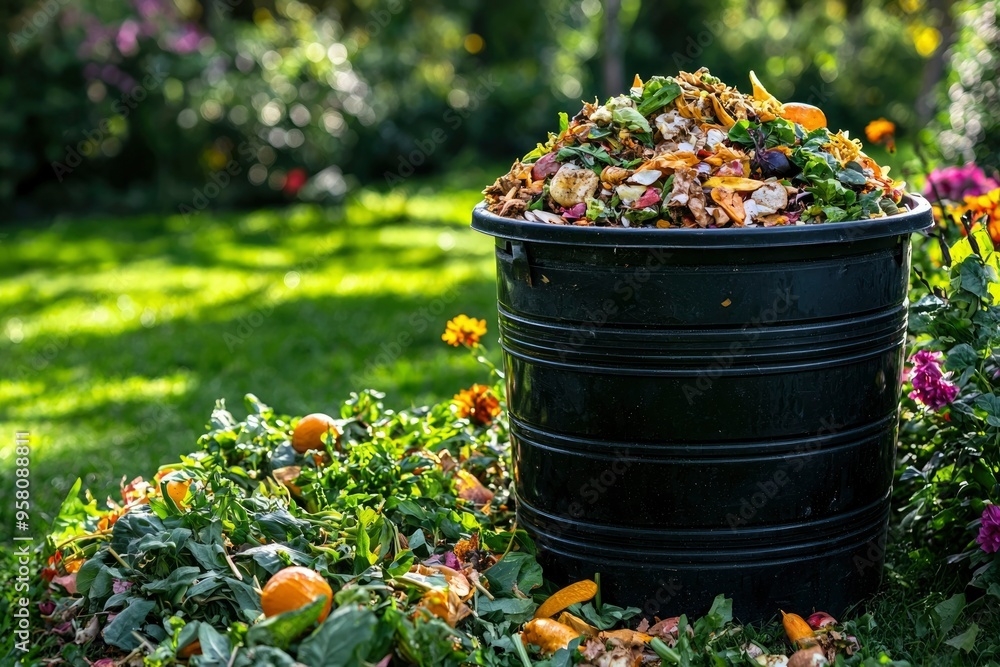 Black Compost Bin Filled with Kitchen Scraps and Yard Waste in a Garden Black Compost Bin Filled with Kitchen Scraps and Yard Waste in a Garden