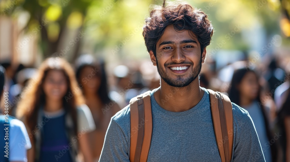 Smiling Young Man with Backpack Walking Outdoors in a Crowd on a Sunny Day Smiling Young Man with Backpack Walking Outdoors in a Crowd on a Sunny Day