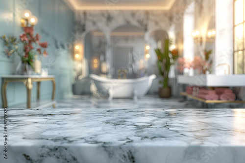 A generative stock photo features an empty marble table top with a blurred bathroom interior in background  photo